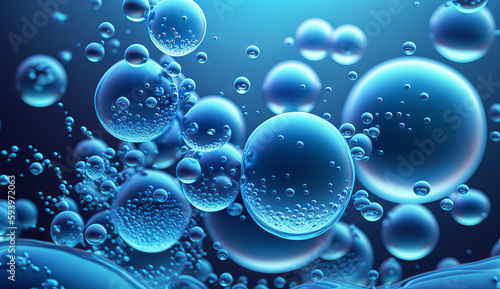 Illustration of transparent cosmetic blue gas bubbles underwater.