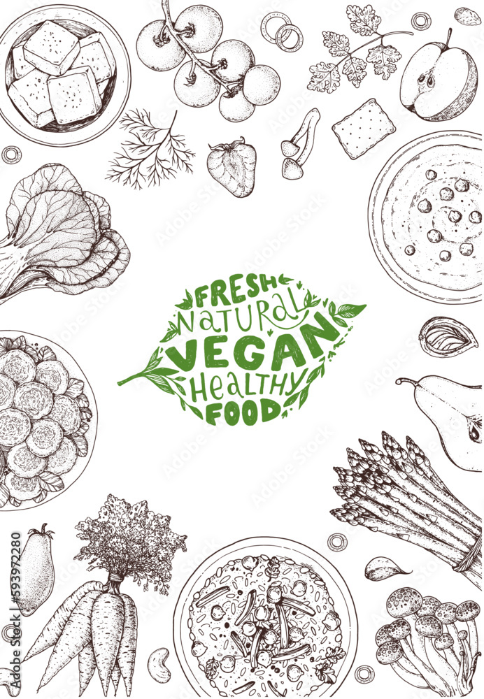 Vegan food frame. Hand drawn vector illustration. Menu design template. Vegan food sketch. Vintage design template. Product design. Great for packaging, recipe book, menu. Vegetarian food sketch.