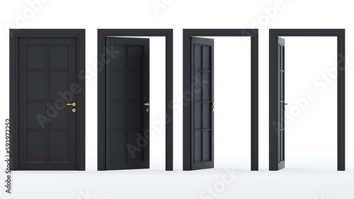 3D render of black open and closed door isolated on white background, Closed and open way.