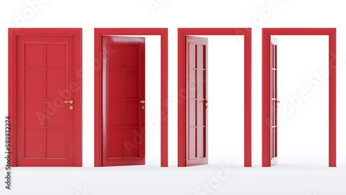 v3D render of red open and closed door isolated on white background, Closed and open way.