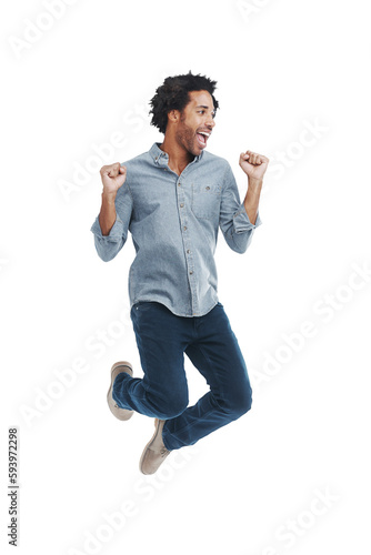 Happy, excited and a black man jumping with energy isolated on a transparent png background. Smile, happiness and a person with a jump from excitement about success, achievement or a work promotion