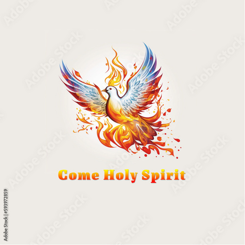 Pentecost sunday banner with dove in flame. Invitation the christian service of pentecost with Holy Spirit and text. Vector illustration