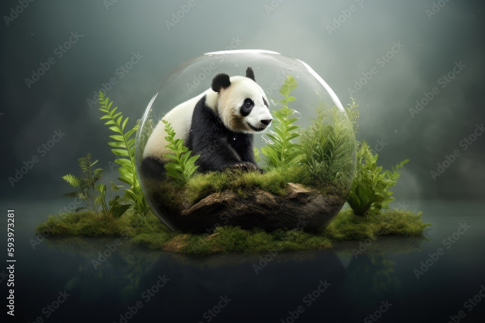 Fototapeta premium Abstract concept of the earth and animal day in forest with protected animals in glass globe. Generative AI.