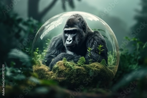 Abstract concept of the earth and animal day in forest with protected animals in glass globe. Generative AI.