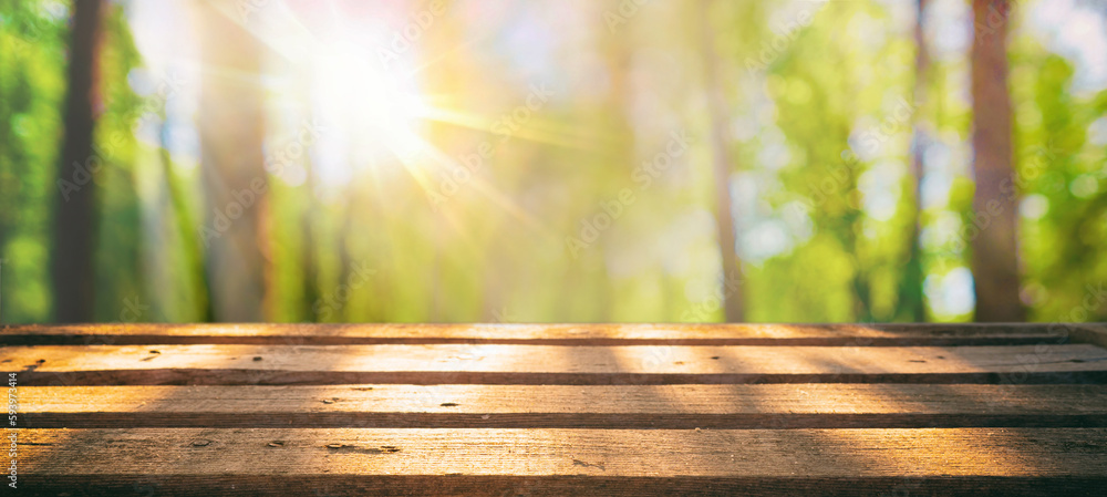 Spring summer beautiful nature background with blurred park trees in sunlight and empty wooden table.