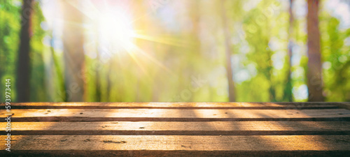 Obraz na płótnie Spring summer beautiful nature background with blurred park trees in sunlight and empty wooden table. w salonie
