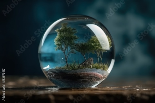  World environment and earth day concept with glass globe and eco-friendly environment. Generative Ai.