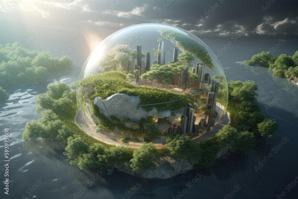 Ecology concept with glass globe and eco-friendly environment. Generative Ai.
