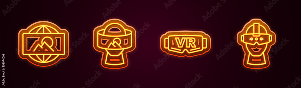 Set line Wide angle picture, Virtual reality glasses, and . Glowing neon icon. Vector Set line Wide angle picture, Virtual reality glasses, and . Glowing neon icon. Vector