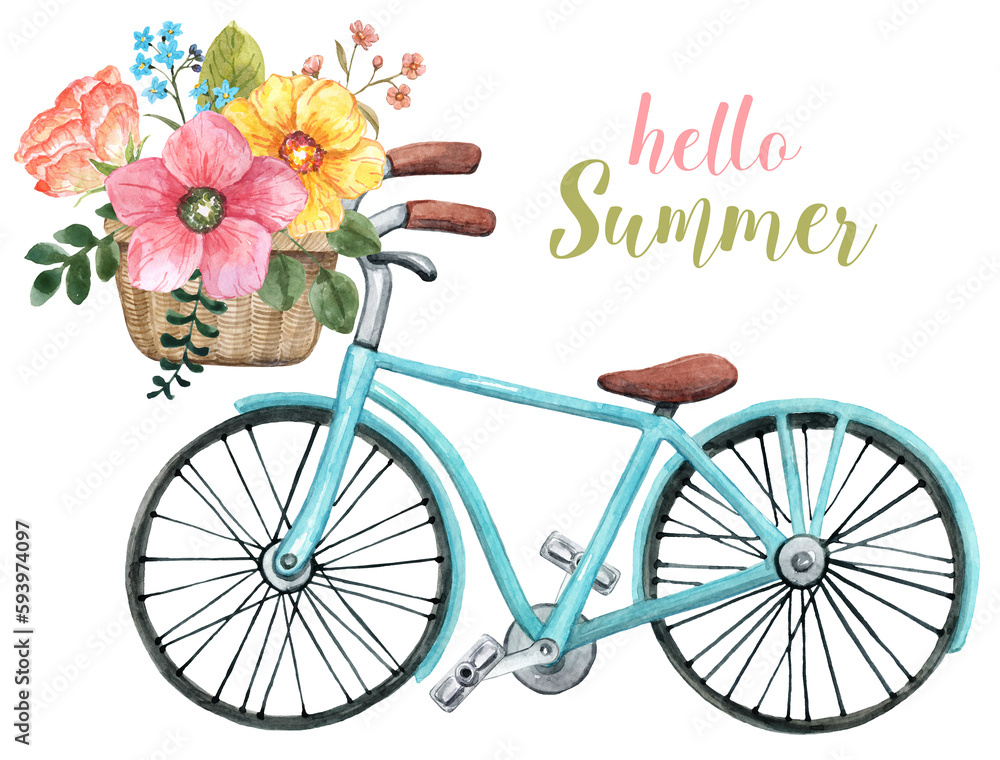 Watercolor blue bicycle with a basket and floral bouquet. Cute city bike with wildflowers, hand-painted illustration, isolated on white background. Summer travel-themed design.