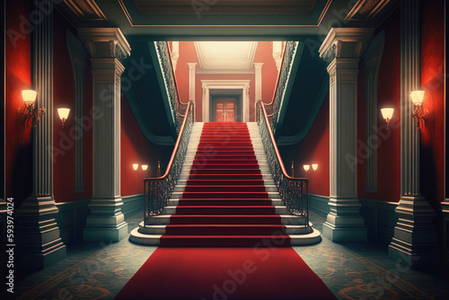 Red carpet on stairs luxury interior. Generative AI.
