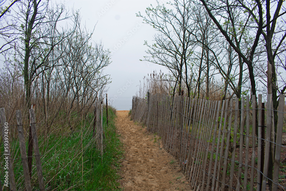 Sandy walkway to Cliffwood Beach flanked by a wooden fence on a foggy spring morning -01