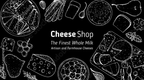 Cheese sketch, hand drawn illustration, top view frame. Food design template. Package pattern. Vector illustration with collection of cheese. Engraved style image. Dairy farm products cheese.