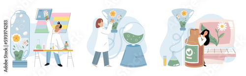 Herbal oils natural medicines. Scientist or doctor making alternative medicine herb, mortar, laboratory glassware plant in tube, flower. Doctor checking medicinal herbs. Herbal medicine. Drug research