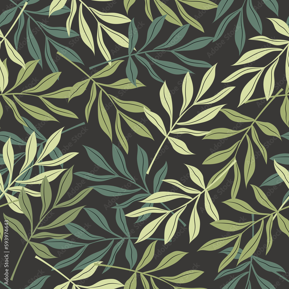 Branches with long leaves of green shades on a dark background create a beautiful seamless pattern for fashion textiles, modern fabrics. Branches with long leaves of green shades on a dark background create a beautiful seamless pattern for fashion textiles, modern fabrics.