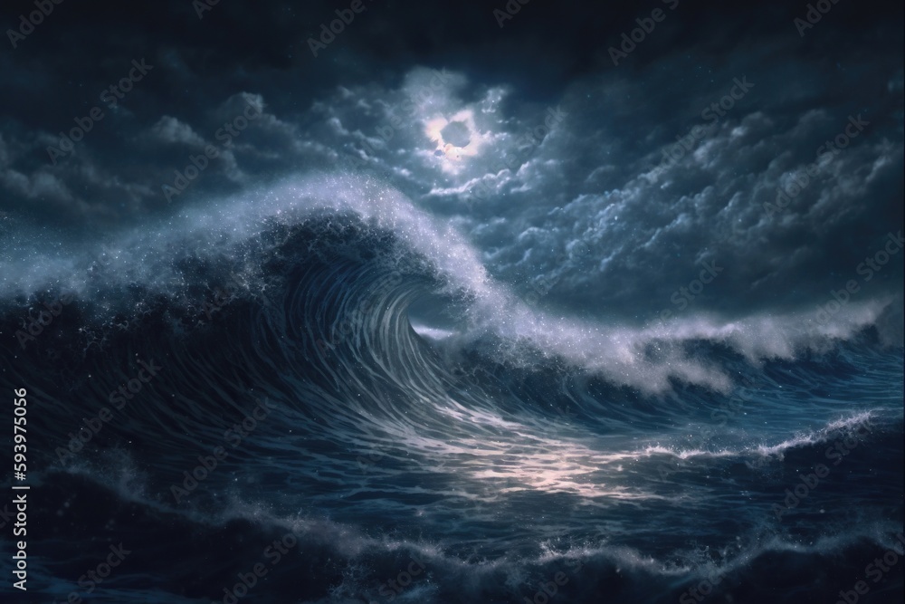 Night Stormy Waves. Generative AI illustration