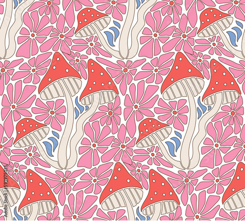 Retro 70s 60s groovy floral hippie mushrooms flower seamless pattern. Boho retro fly agaric mushrooms, vintage daisy texture for surface design, paper, textile. Stained glass mosaic effect. Vector