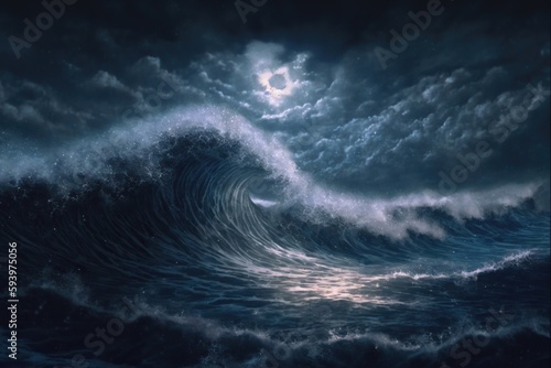 Night Stormy Waves. Generative AI illustration