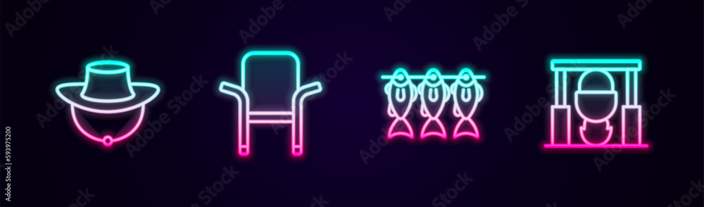 Set line Fisherman hat, Camping folding chair, Dried fish and Campfire and pot. Glowing neon icon. Vector Set line Fisherman hat, Camping folding chair, Dried fish and Campfire and pot. Glowing neon icon. Vector