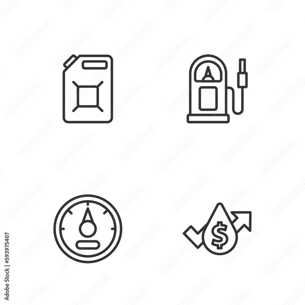 Set line Oil price increase, Motor gas gauge, Canister for gasoline and Petrol station icon. Vector Set line Oil price increase, Motor gas gauge, Canister for gasoline and Petrol station icon. Vector