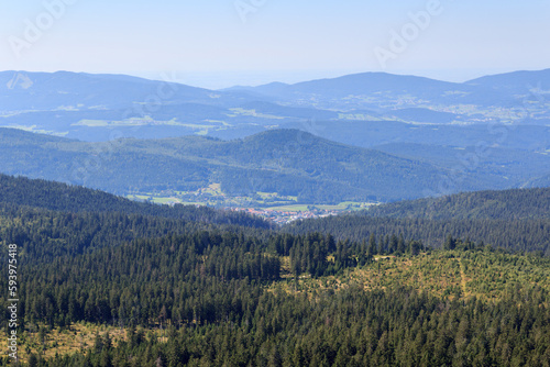 Panorama view of Bavarian Forest and municipality Bodenmais seen from mountain Großer Arber, Germany