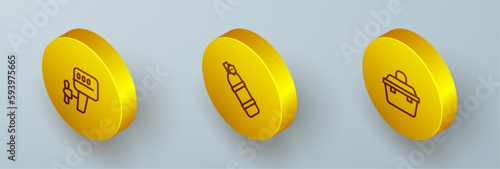 Set Isometric line Outboard boat motor, Aqualung and Case box for fishing equipment icon. Vector