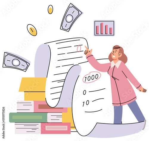 Financial consultant with documents for tax calculation. Woman preparing financial report. Accountant analyzing personal or corporate budget. Accounting process concept. Bookkeeper reconciles accounts