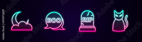 Set line Moon and stars, Boo speech bubble, Tombstone with RIP written and Black cat. Glowing neon icon. Vector