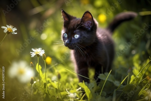 Cute black little kitten walking among green grass. Close up shot. Generative AI