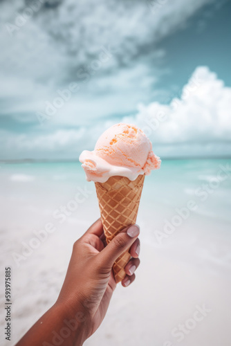 Summer vacation concept. Hand holding ice cream on tropical beach background. Generative ai.