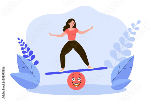 Young woman balancing on plank vector illustration. Team leader controlling emotions and finding balance. Managing emotions, emotional intelligence, leadership, success concept