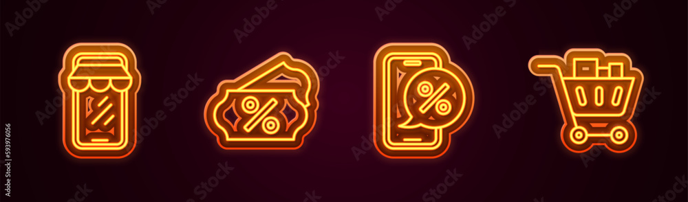 Set line Online shopping on phone, Discount percent tag, Percent discount and Shopping cart and food. Glowing neon icon. Vector Set line Online shopping on phone, Discount percent tag, Percent discount and Shopping cart and food. Glowing neon icon. Vector