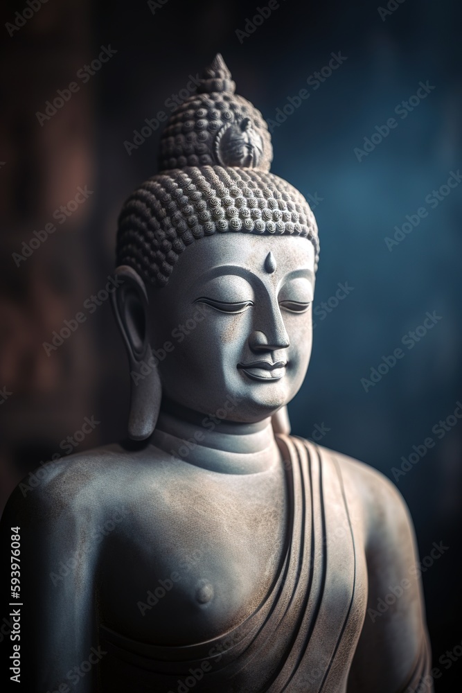 Stone sculpture of Mahavira. Close up shot. Generative AI vertical shot