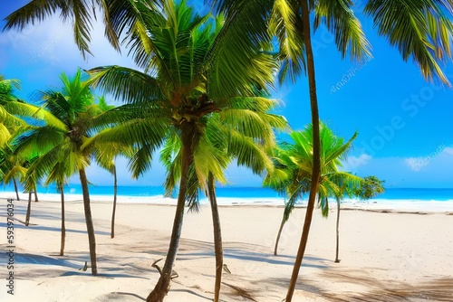Coconut trees on a sandy beach in summer , summer day , summertime - generative ai  © unalcreative