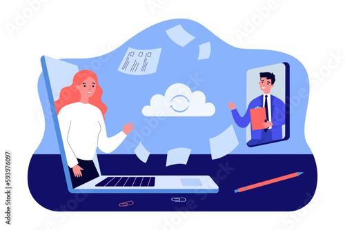 Enterprises communicating vector illustration. Male and female office workers on screen of laptop talking, exchanging documents. Enterprise communication platform, unified communication concept