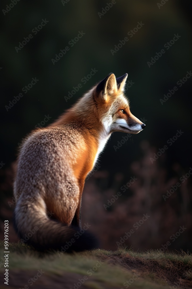 Fototapeta premium Red fox in profile in wild nature environment. Generative AI vertical shot