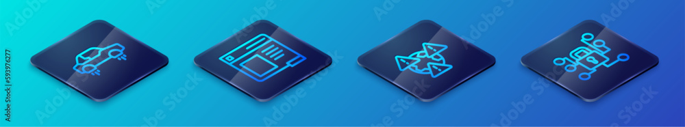 Set Isometric line Earth with exclamation mark, Fantastic flying car, Cyber security and Browser window icon. Vector Set Isometric line Earth with exclamation mark, Fantastic flying car, Cyber security and Browser window icon. Vector