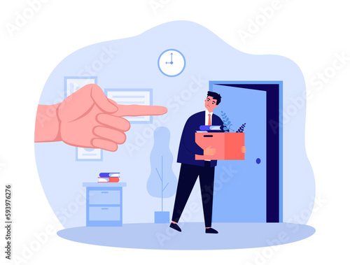 Upset fired man leaving office vector illustration. Big hand pointing at door, dismissing office worker from work place. Unemployment, losing job, global crisis, recession concept