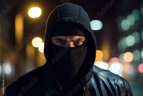 Bandit in black mask. Thief portrait looking at camera. Crime news banner. Robber character, blurred night city background, generative AI image