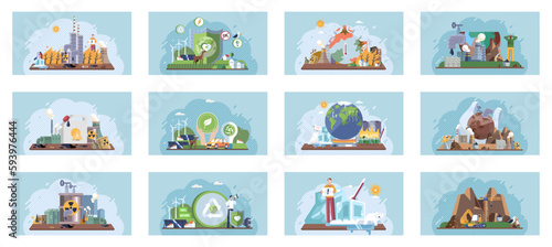 Toxic waste from human set. Industries create pollution and cities affected by pollution. Climate change cycle dried or dry cracked land suffering from drought. Weather global greenhouse warming risks
