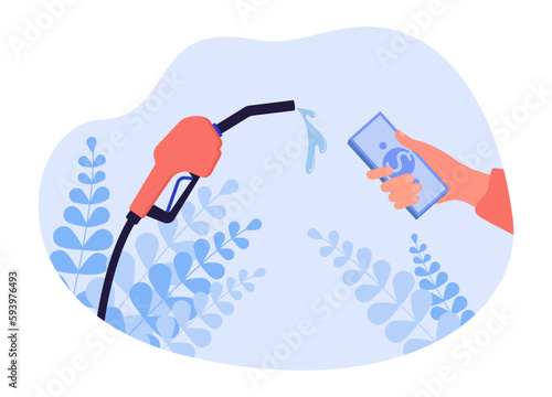 Person buying petrol vector illustration. Hand holding money and fuel pump with drops. Payment for gas, refusing fossil fuels. Fuel, climate change, ecology, energy concept