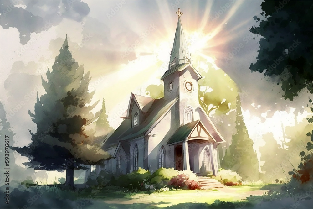 A beautiful view in the afternoon when the sun shines through the church building. A symbolic landscape for a moment of deepening faith. Watercolor. Generative AI