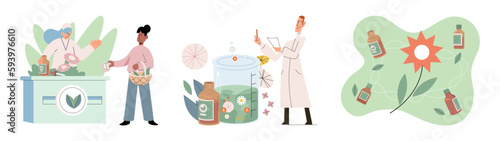 Scientist study research liquid medicine from natural herbal. Medical marijuana research. Modern and traditional medical, Alternative organic herbal drug and chemical medicine. Homeopathy healthcare