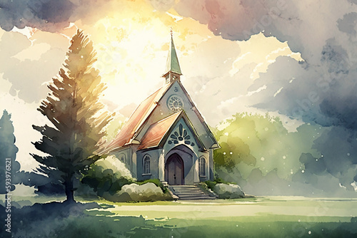 A beautiful view in the afternoon when the sun shines through the church building. A symbolic landscape for a moment of deepening faith. Watercolor. Generative AI