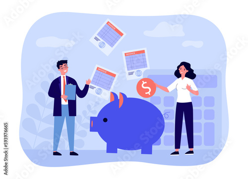 People managing personal finance vector illustration. Happy couple putting coins in piggy bank, analyzing financial reports and invoices. Finance management, money savings, banking, economy concept