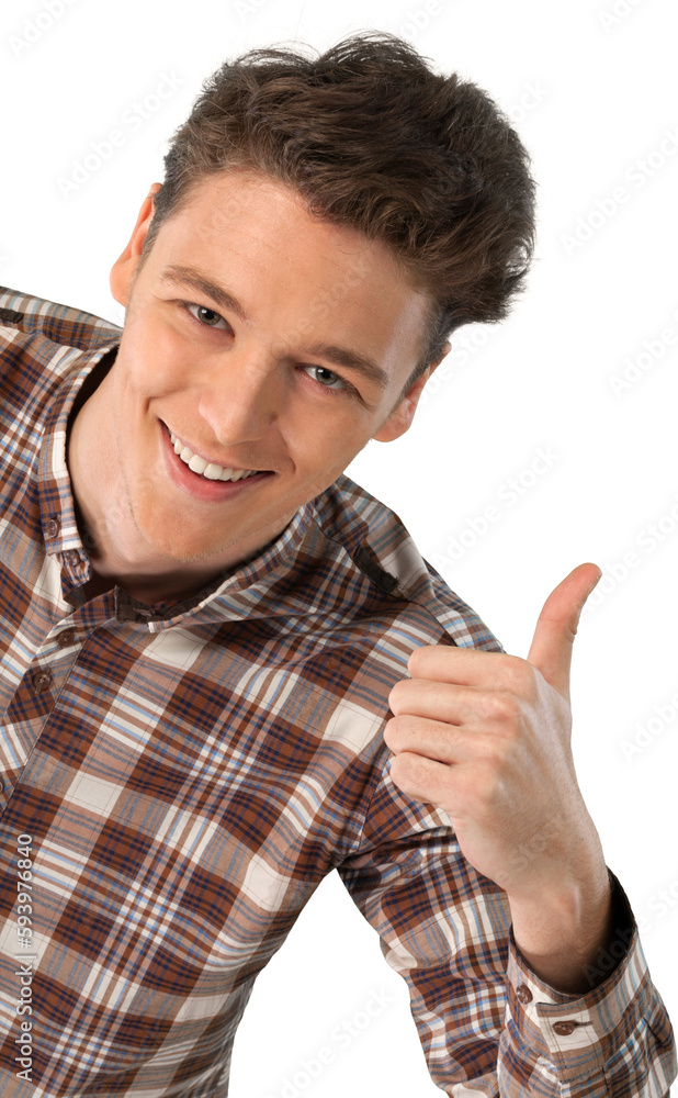 Young man with thumb up on white background Young man with thumb up on white background