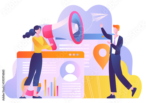 Concept of marketer. Woman with loudspeaker calls man. Promotion of goods and companies in social networks and instant messengers, advertising on Internet. Cartoon flat vector illustration
