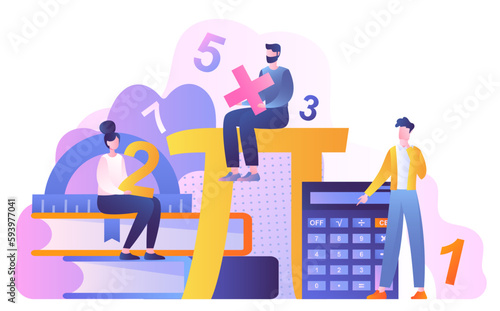 People with mathematics. Men and woman with numbers, calculator and books. Education and training, students do their homework.
