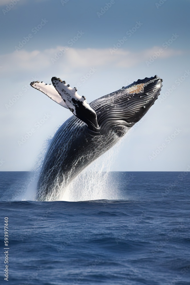 Fototapeta premium Amazing whale jumping in the ocean. Generative AI vertical shot