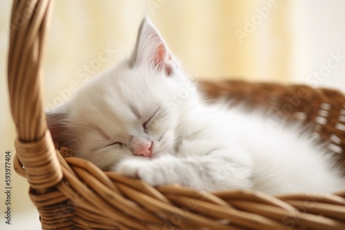 White little kitten taking nap over wicker basket. Generative AI © Pajaros Volando